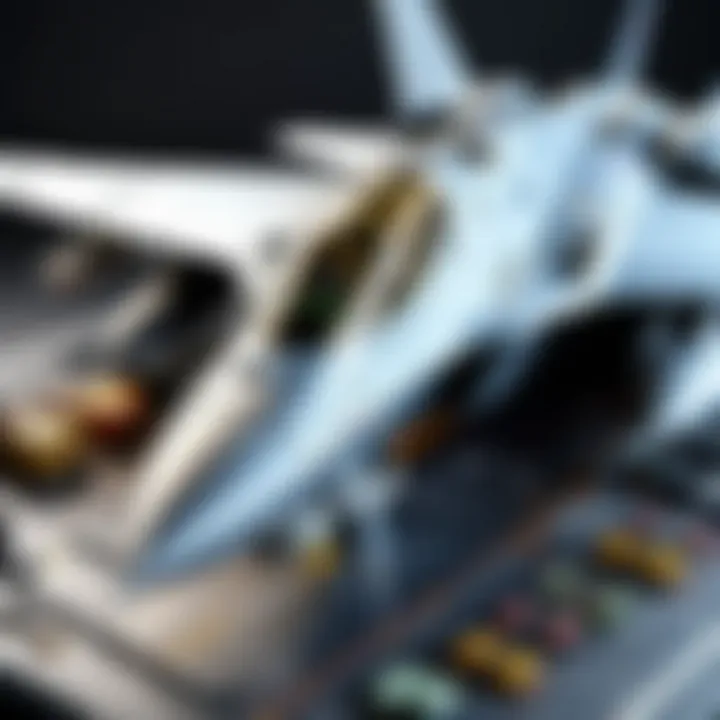 Close-up of advanced technology components in a fighter jet model