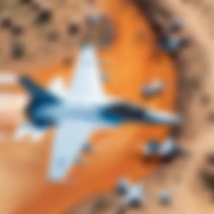 An aerial view of a realistic battlefield simulation with remote-controlled fighter jets