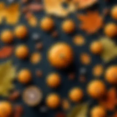 An artistic arrangement of pumpkin Nespresso pods alongside autumn-themed elements.