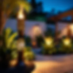 A stunning Bluetooth tiki torch illuminating a garden at night.