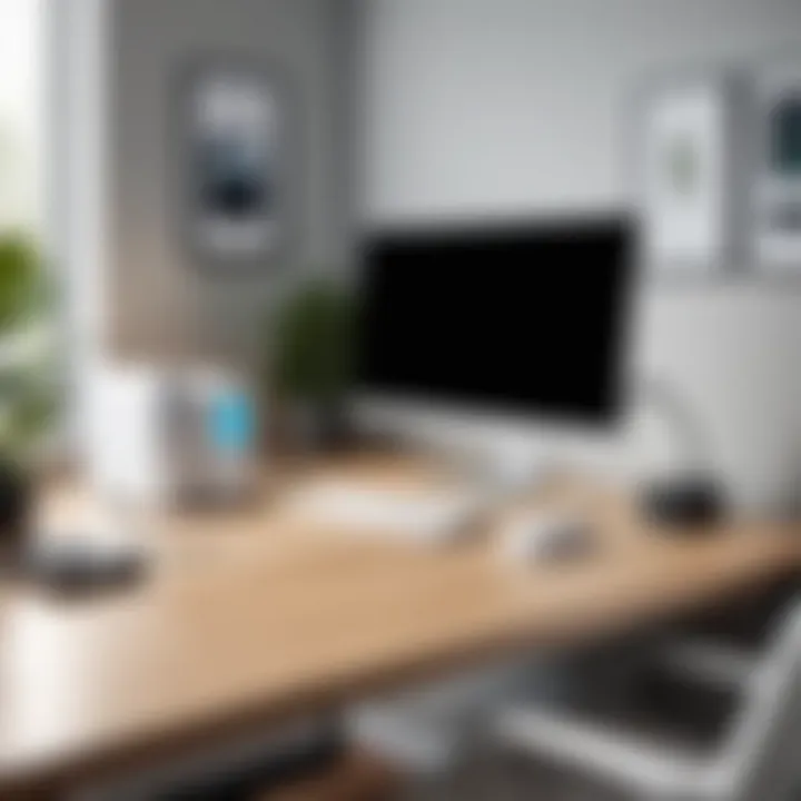 A modern home office setup with surge protectors in use