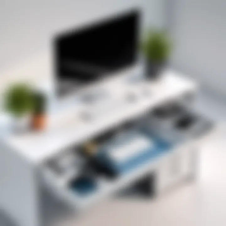 Close-up of all-in-one desk features including storage and cable management