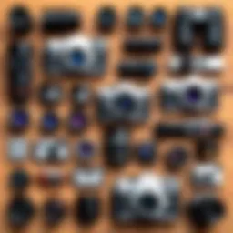 A diverse collection of camera accessories laid out on a wooden surface, showcasing their variety and functionality.