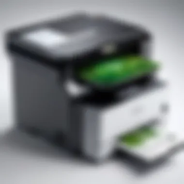 Visual representation of eco-friendly features in multi-function laser printers