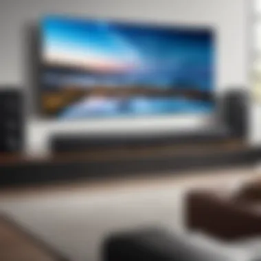 Samsung soundbar in a home theater setup with surround sound speakers