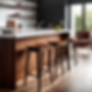 Dark cherry wood bar stools arranged around a stylish kitchen island.