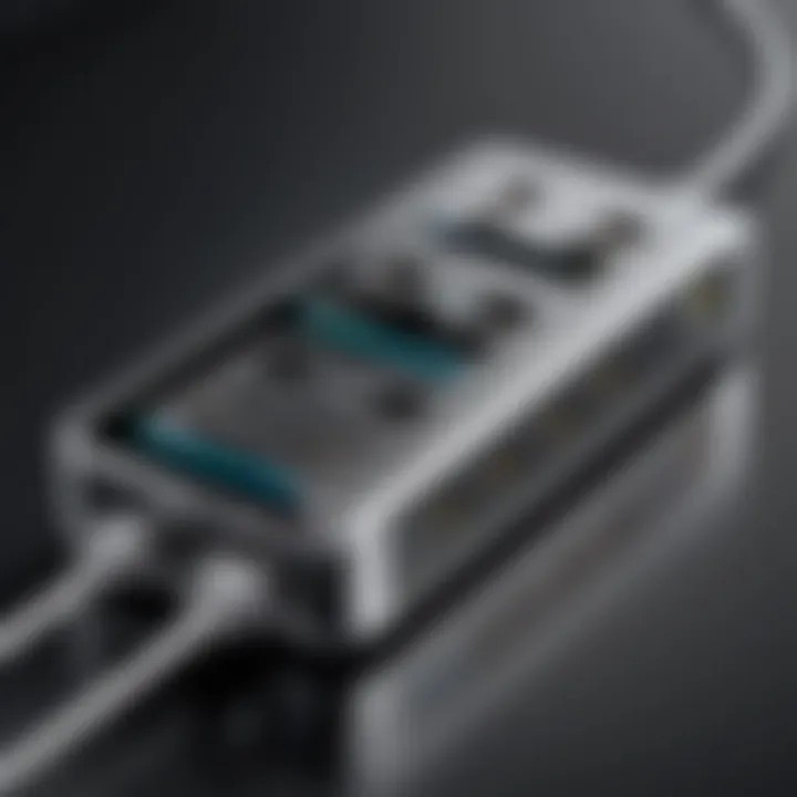 A close-up view of a double charger adapter showcasing its sleek design and multiple ports.