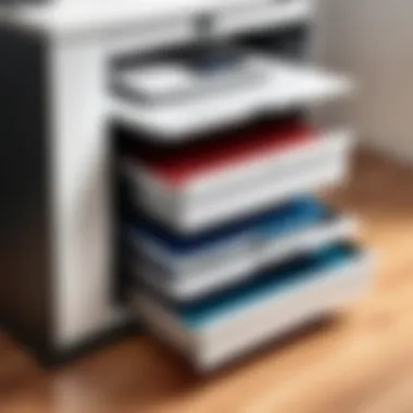 Expandable cabinet shelves in an office setting, promoting accessibility and order