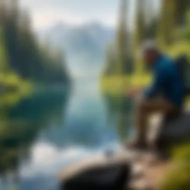 Angler using the auto fish hook tier in a serene fishing environment