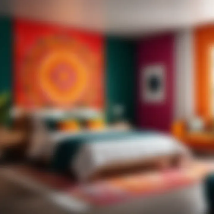 A vibrant bedroom incorporating diverse cultural elements and sustainable decor.