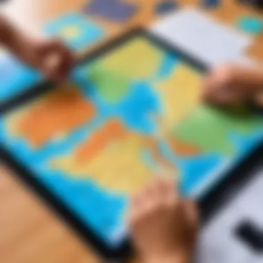 An instructor using foam map puzzles in a classroom setting to teach geography.