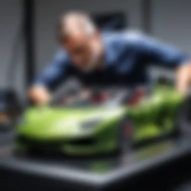 Collector examining a 1:24 scale Lamborghini with focus on technical specifications