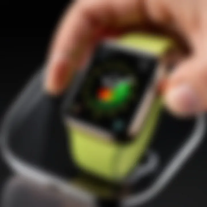 Illustration depicting the maintenance of an Apple Watch display with a liquid screen protector.