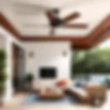 Stylish outdoor ceiling fan and heater combo in a modern patio setting