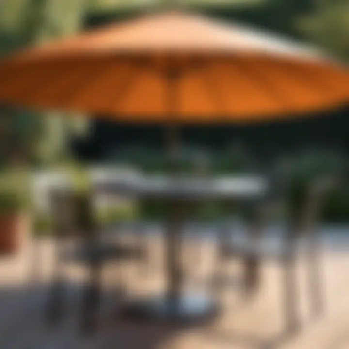 Steel patio table set up with an umbrella, enhancing outdoor aesthetics