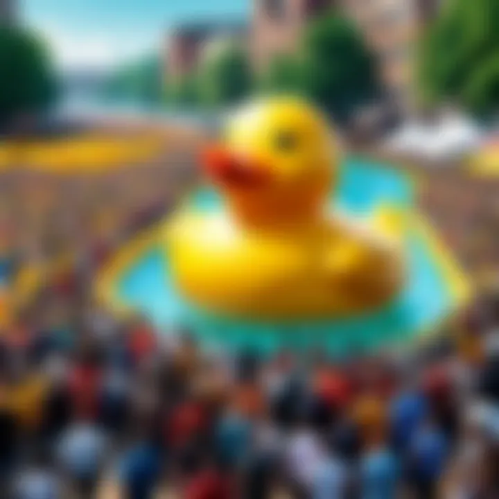 A bustling crowd admiring the giant rubber duck during a festival, capturing public engagement.