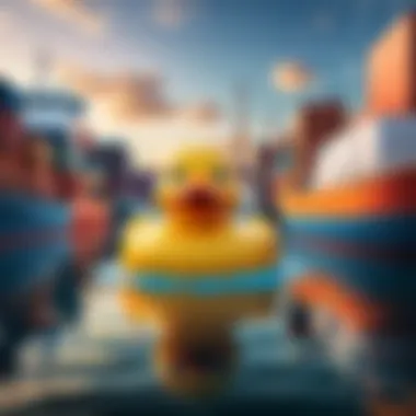 A giant rubber duck floating in a serene harbor, showcasing its vibrant colors.