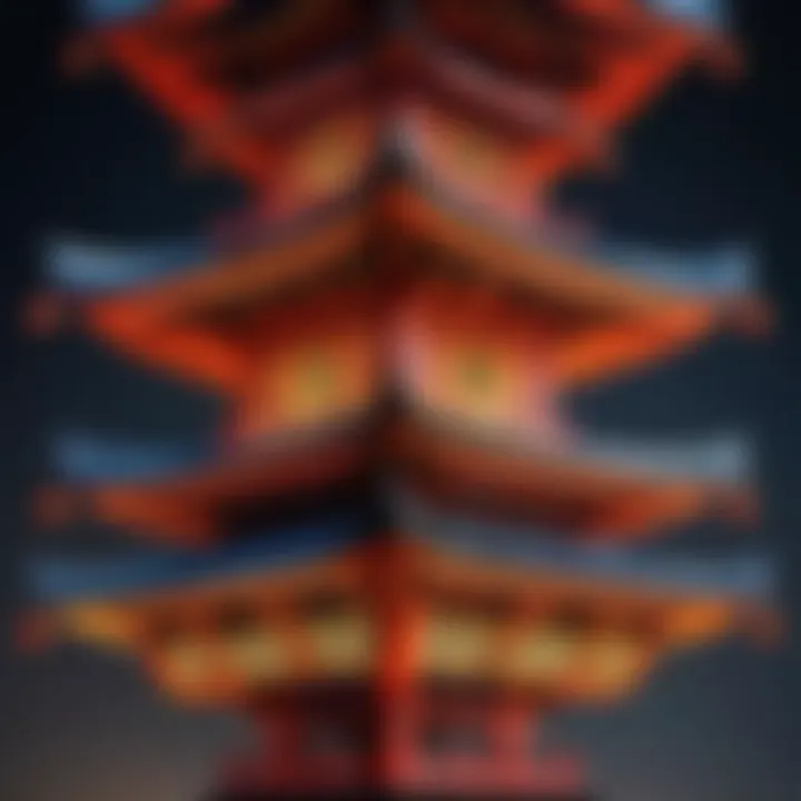 A historical depiction of large pagoda lanterns in a traditional setting