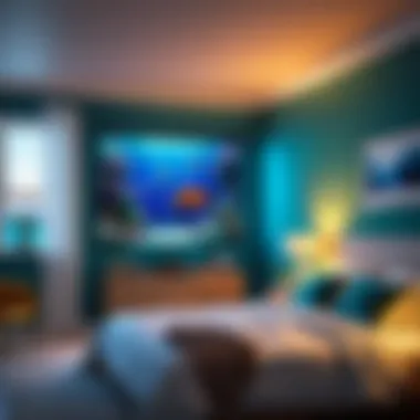 Vibrant Illumination: Enhancing Bedroom Ambiance A cozy bedroom illuminated by a vibrant fish night light projector