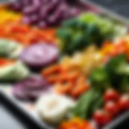 A vibrant sheet pan loaded with colorful vegetables and proteins