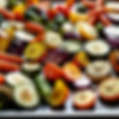 A close-up of perfectly roasted vegetables on a sheet pan