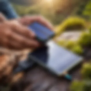 Outdoor Usage of Solar Power Bank User utilizing a slim solar power bank while hiking