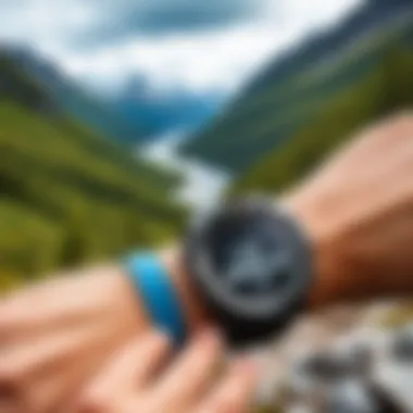 Suunto Core in Action During Hiking User engaging with the Suunto Core smartwatch while hiking