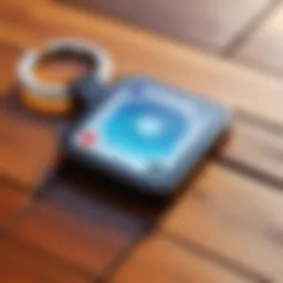 A close-up view of a keychain locator tile on a wooden surface