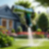 Close-up of a high-efficiency water spray gun in action, showcasing a fine mist over a blooming garden.
