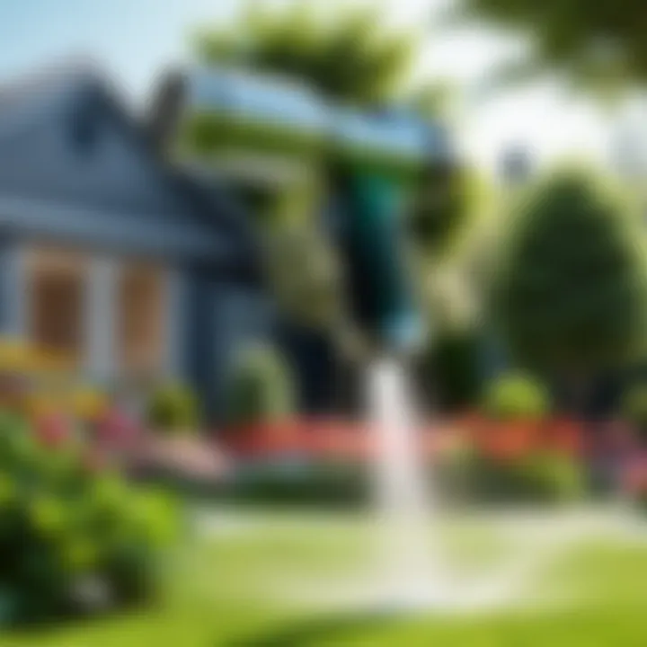 Close-up of a high-efficiency water spray gun in action, showcasing a fine mist over a blooming garden.