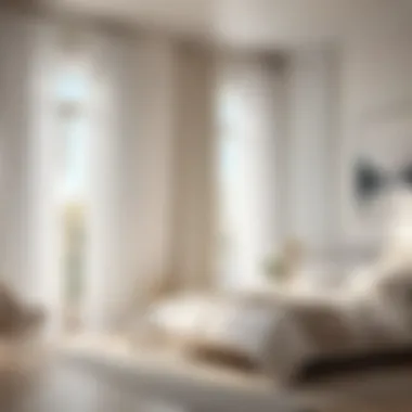 White curtains framing a serene bedroom with natural light