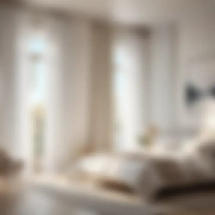 White curtains framing a serene bedroom with natural light