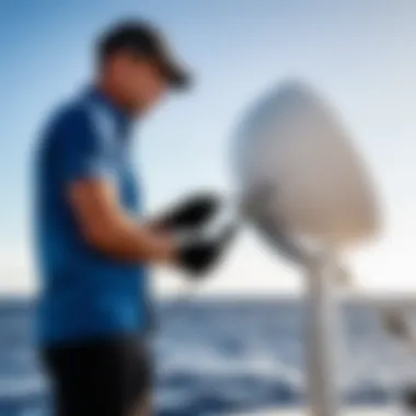 A technician performing maintenance on a Garmin radar antenna in a marine environment