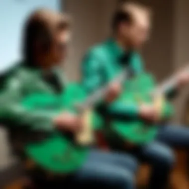 Group of musicians discussing the features of Gretsch Torino Green guitars