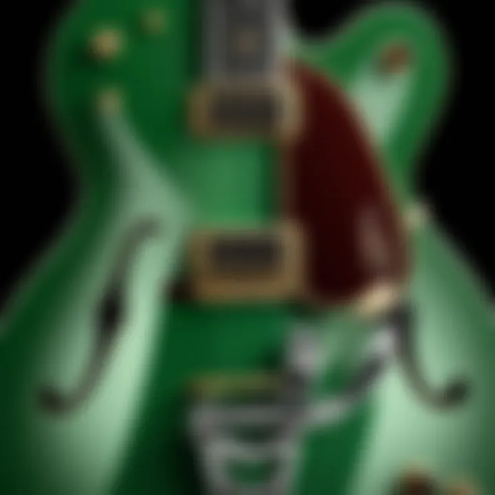 Side profile of Gretsch Torino Green guitar emphasizing its elegant curves