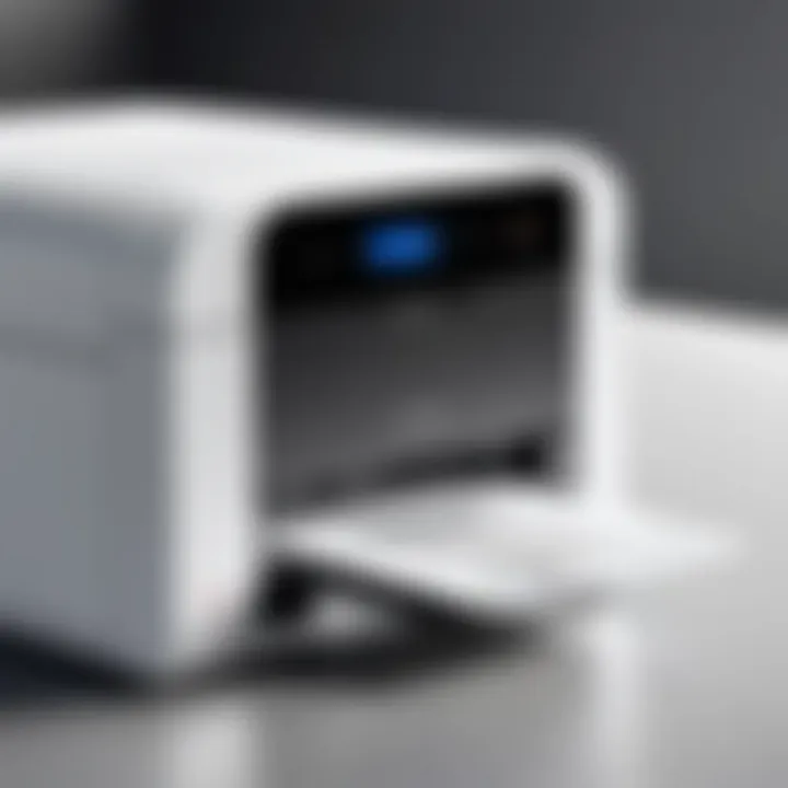 Close-up view of a modern high capacity home printer showcasing its sleek design.