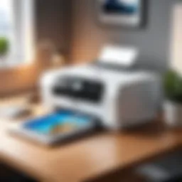 A sleek laser color printer on a modern desk setup