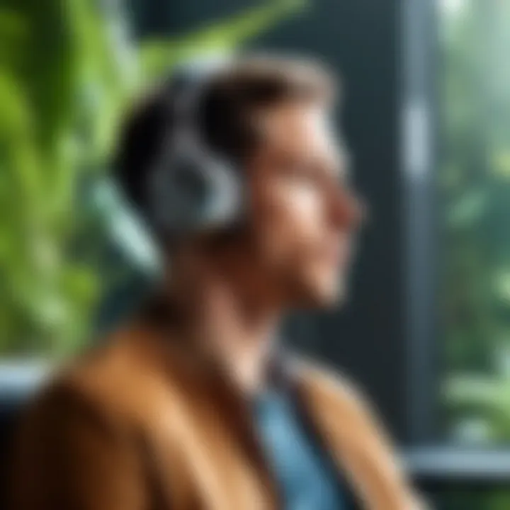 User enjoying immersive sound experience with JLab BT headphones in a serene environment