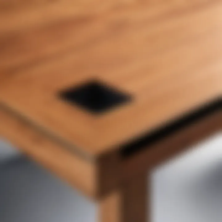 Close-up view of the craftsmanship of a wooden L-shaped desk