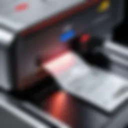 Close-up view of a laser label maker in action