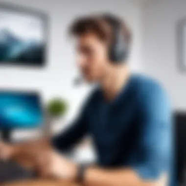 Illustration of user comfortably wearing a Logitech wired headset in a home office