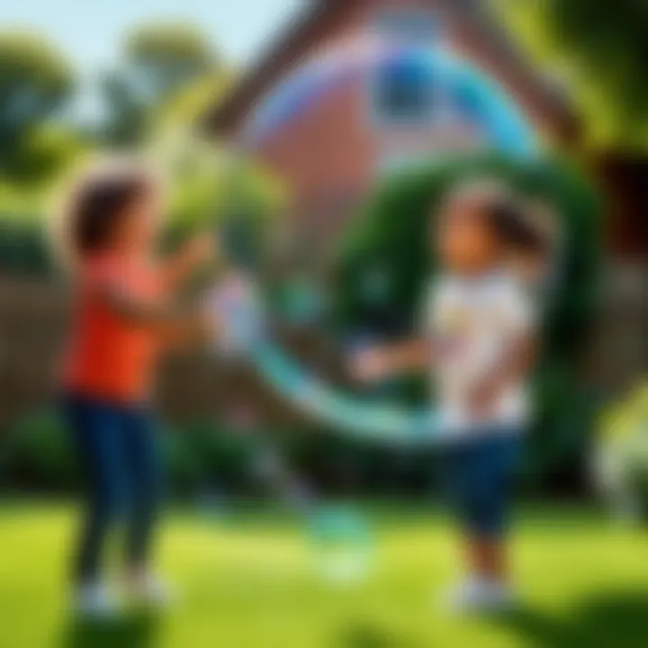 Children playing with bubbles in a sunny backyard