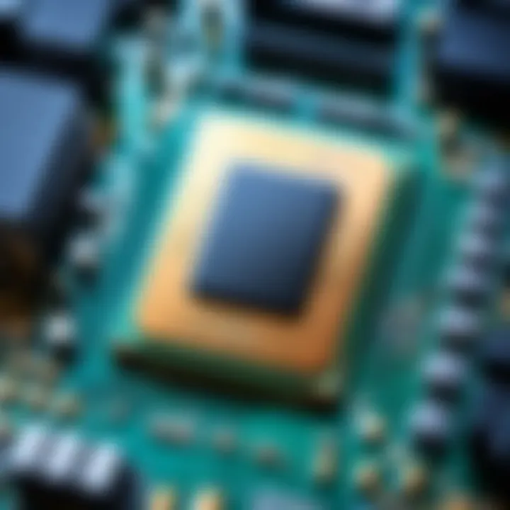 Close-up view of a CPU installed on a motherboard, showcasing intricate details.