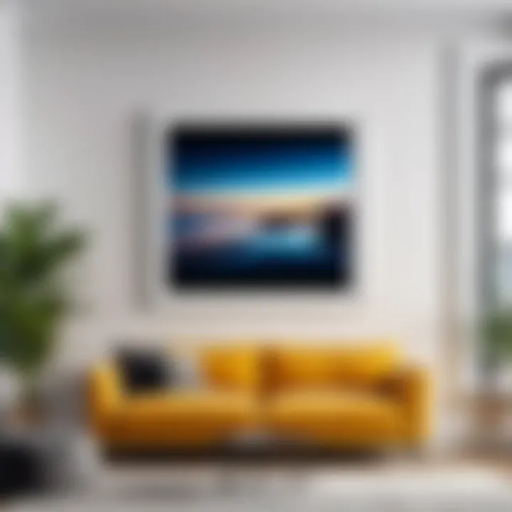 A modern living room featuring a stylish digital frame on the wall.