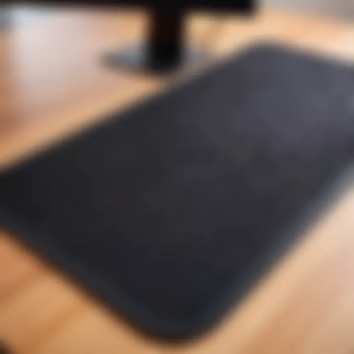 Ergonomic rubber mat designed for standing desks, showcasing its texture and support features.