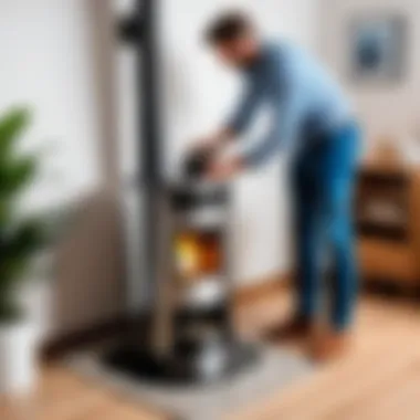 A DIY enthusiast using a pellet stove vacuum effectively for cleaning purposes.