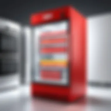 Energy Efficiency Features Energy-efficient small red deep freezer showcasing energy label
