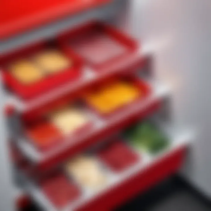 Interior organization of a small red deep freezer with various food items