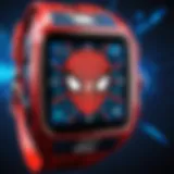 Close-up of a Spider-Man-themed smart watch showcasing its vibrant design and interface.