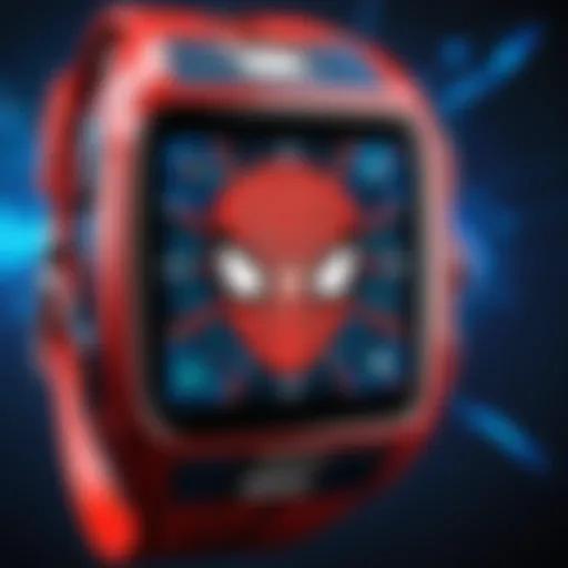 Close-up of a Spider-Man-themed smart watch showcasing its vibrant design and interface.